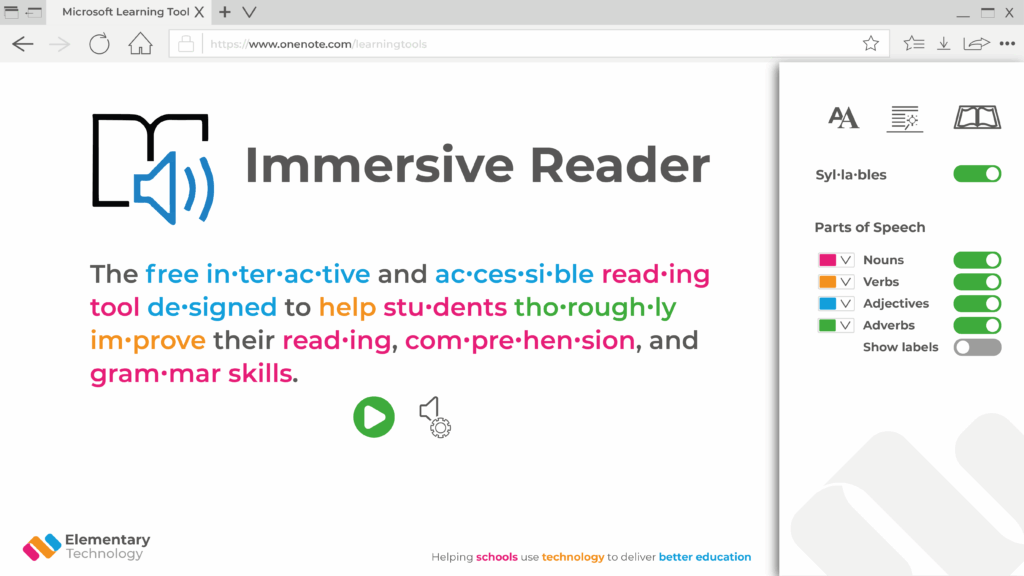 Schermata dell’Immersive Reader con testo colorato, opzioni per sillabe e parti del discorso.